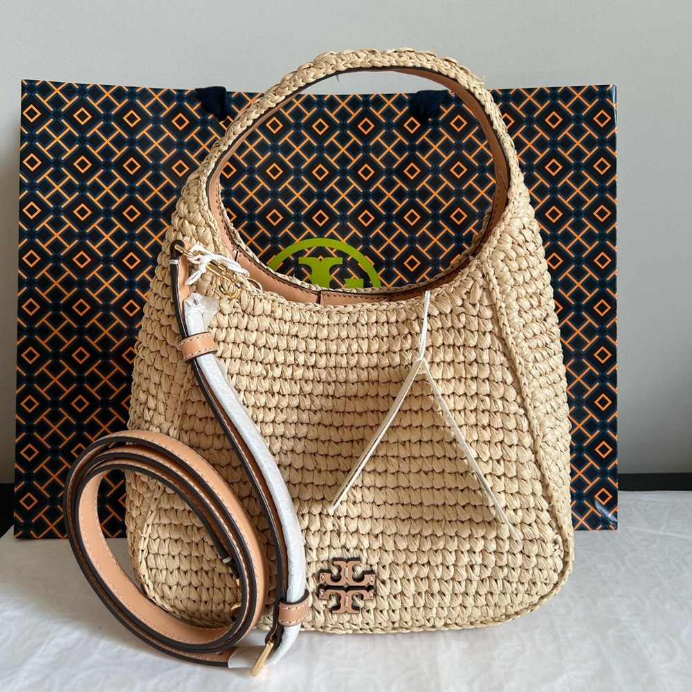 Tory Burch Beige Woven Straw Hobo Crossbody with Tan Trim